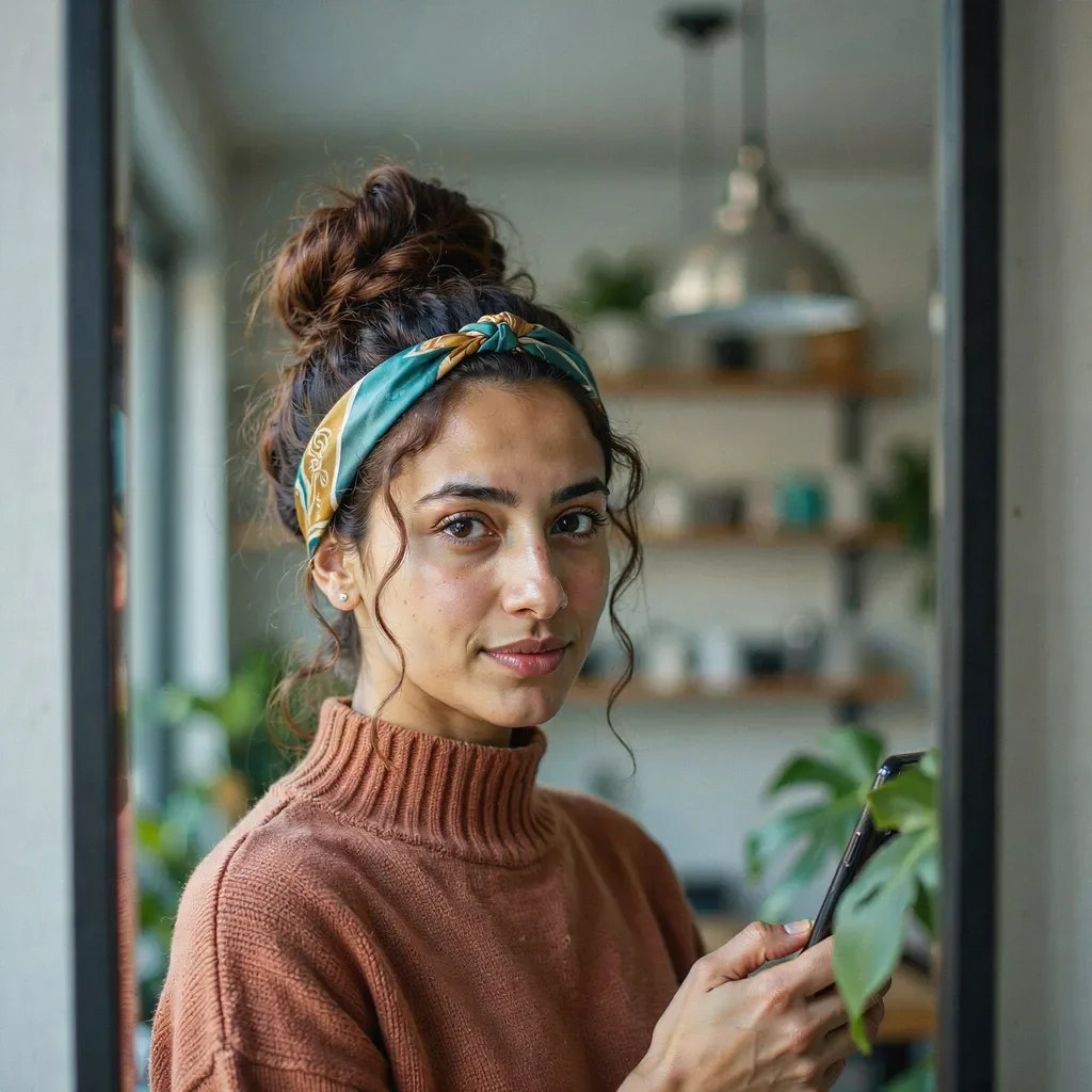 Half-up pineapple with scarf wrap curly hairstyle