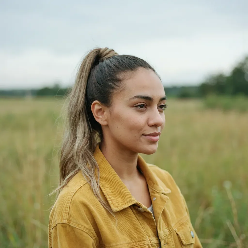 High sleek ponytail with wrapped base hairstyle