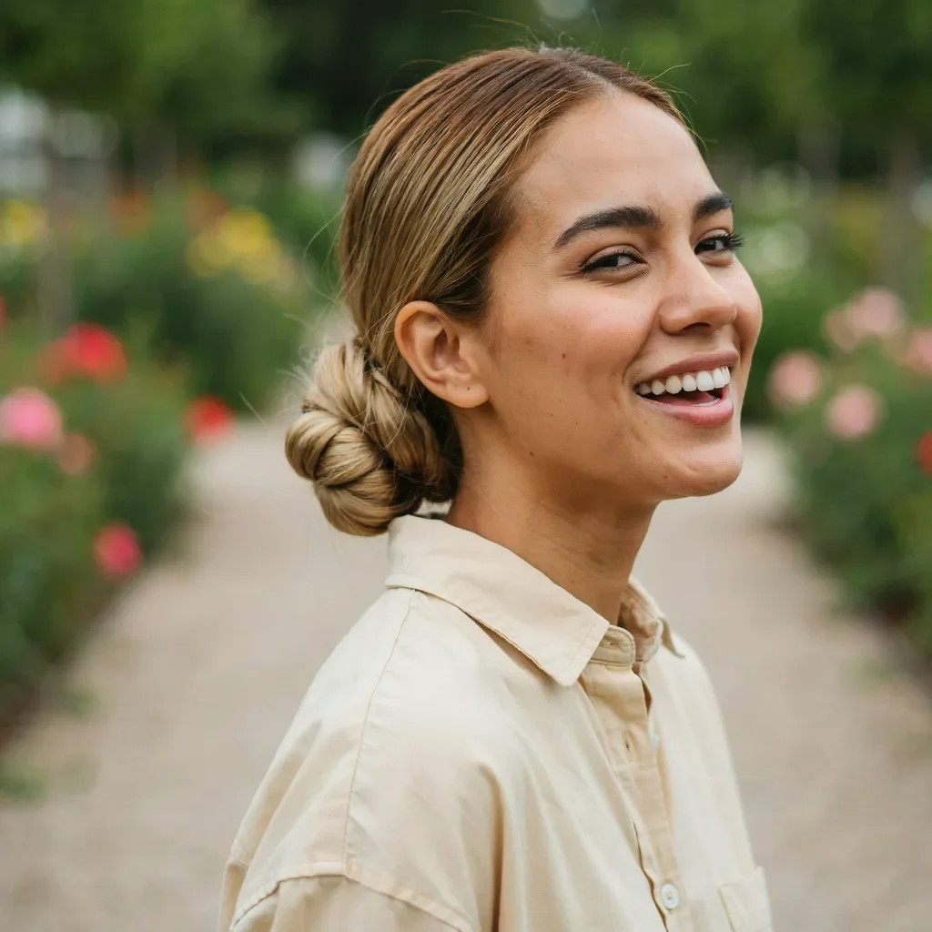Honey blonde sleek low bun hairstyle