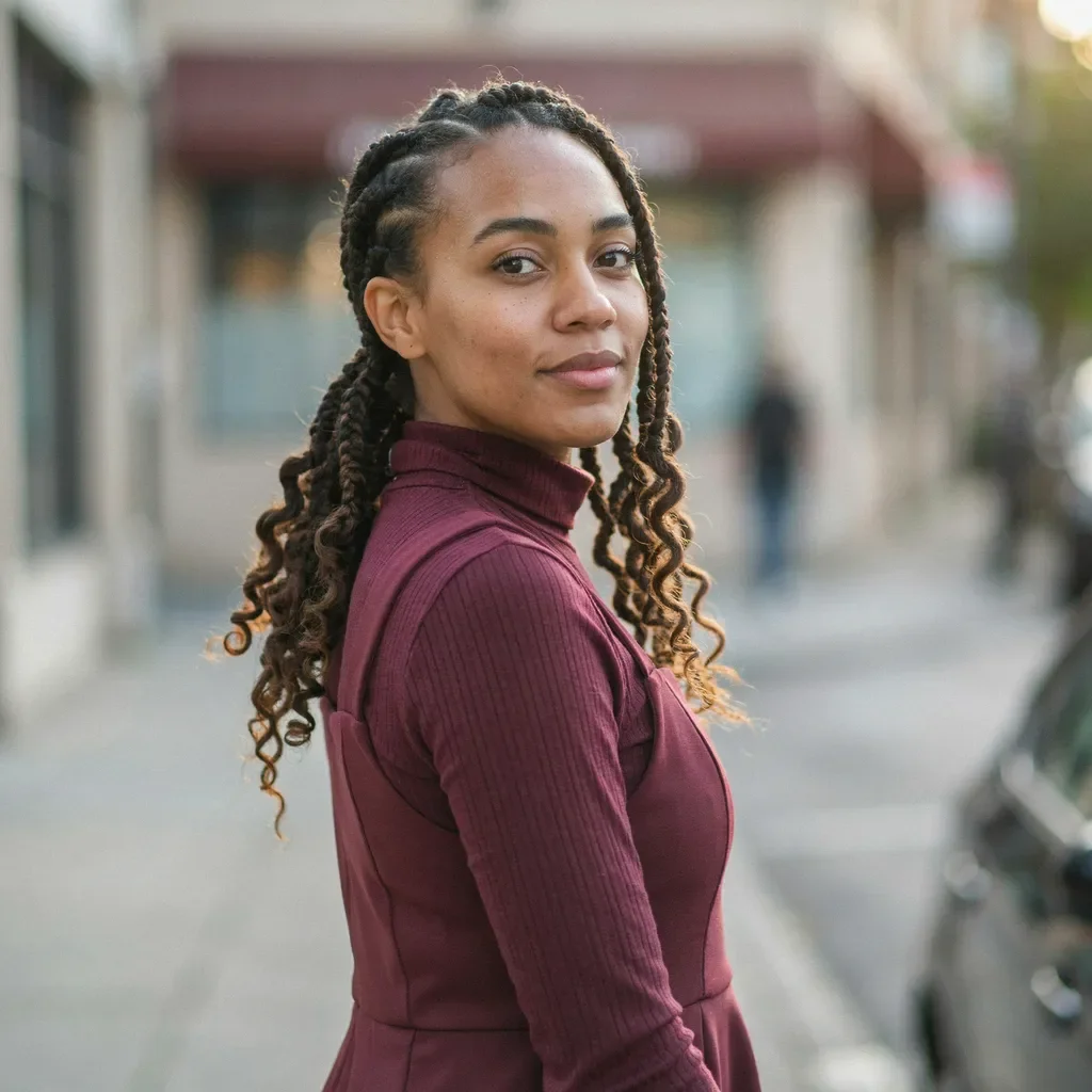 Jumbo cornrows with curly ends hairstyle