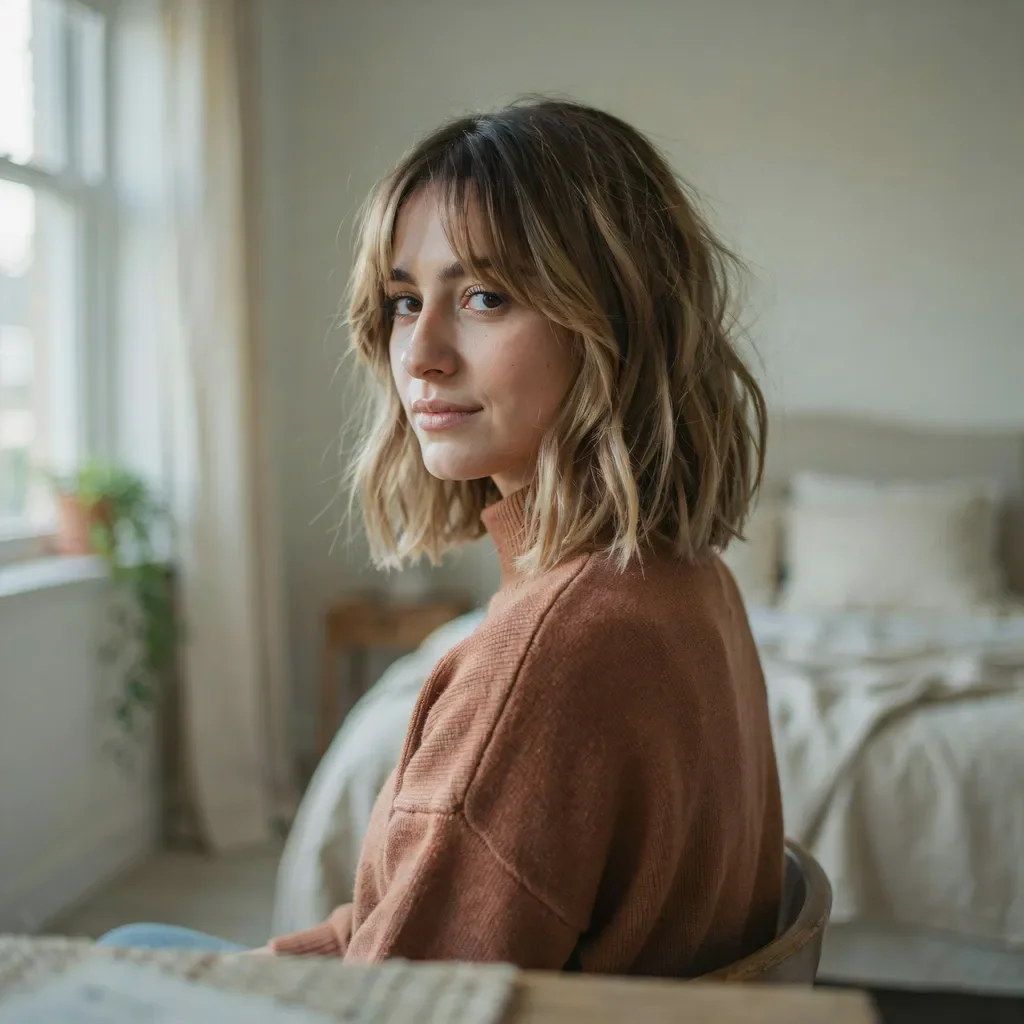 Long bob with straight-across fringe hairstyle
