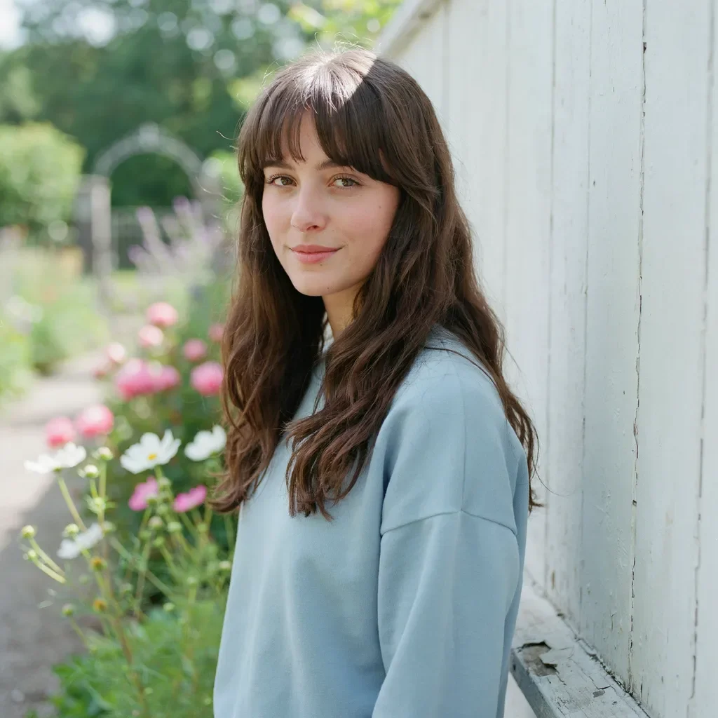 Long curtain bangs with dark brown waves hairstyle