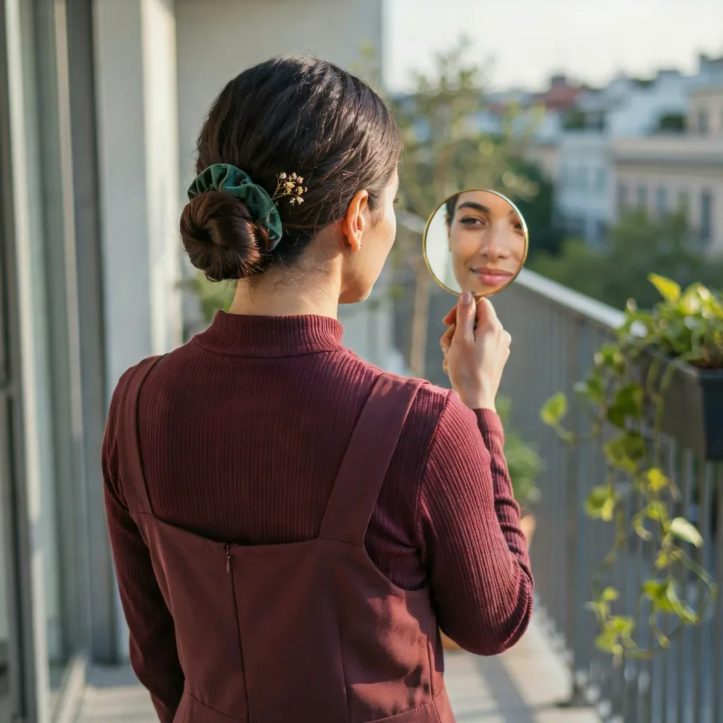Low braided bun styled with a velvet scrunchie