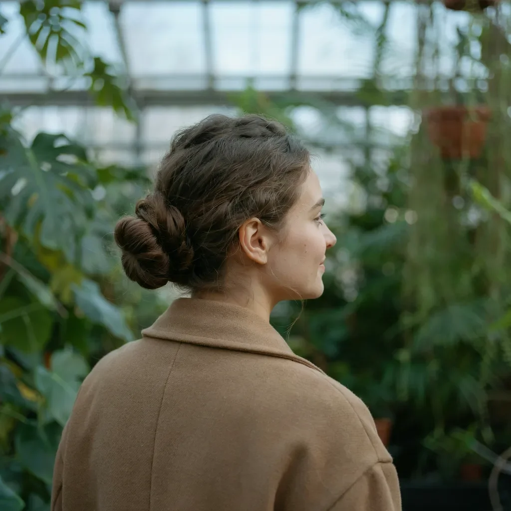 Low messy bun with face-framing tendrils hairstyle