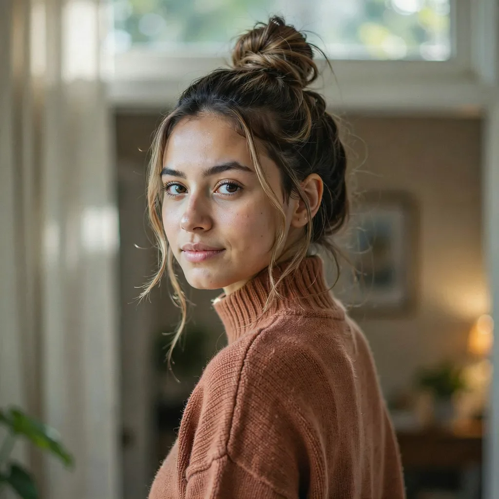 Messy half-up top knot with face-framing pieces