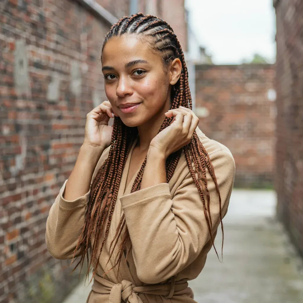 Mini braids worn down with center part hairstyle