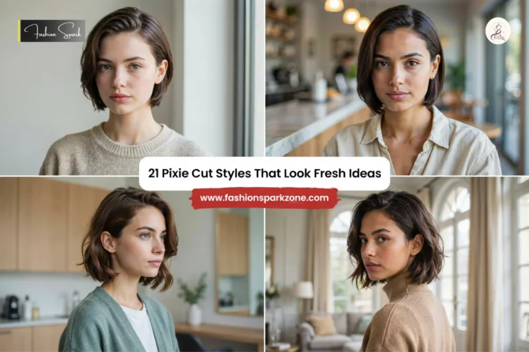 Modern pixie cut with sleek dark hair swept deeply to one side