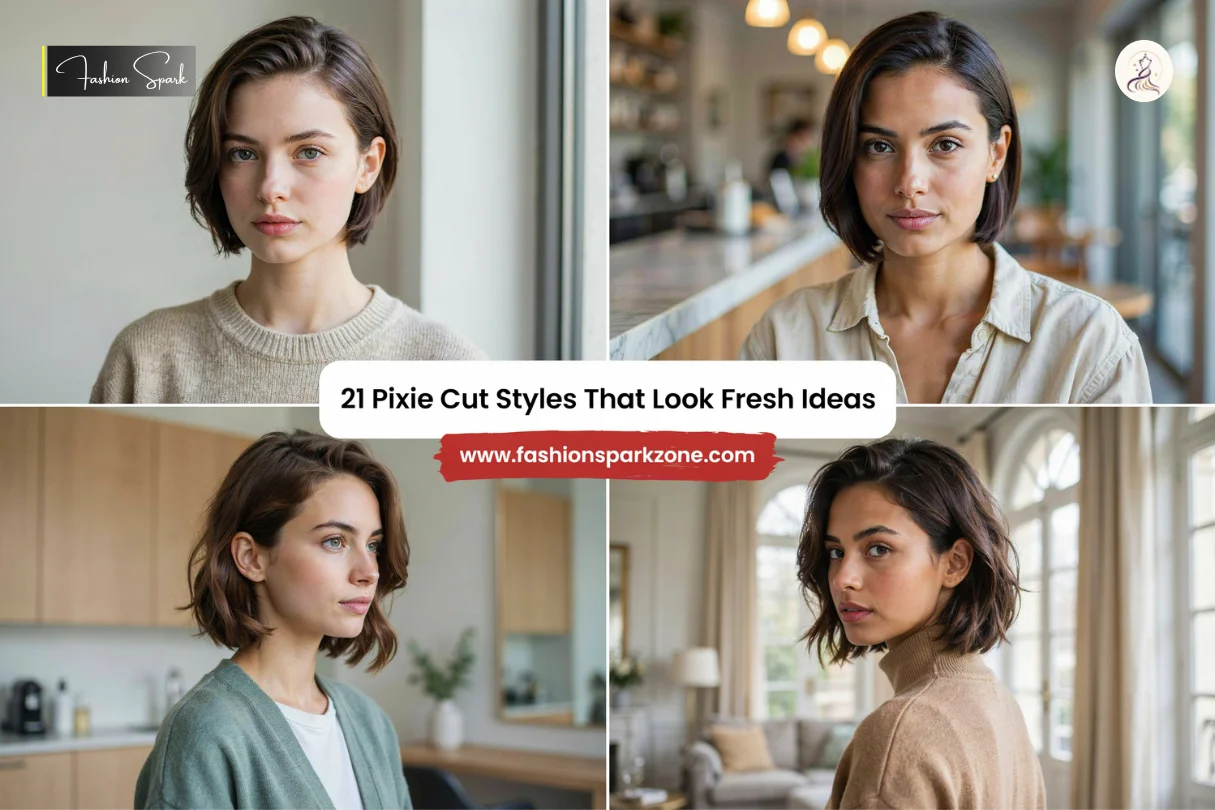 Modern pixie cut with sleek dark hair swept deeply to one side
