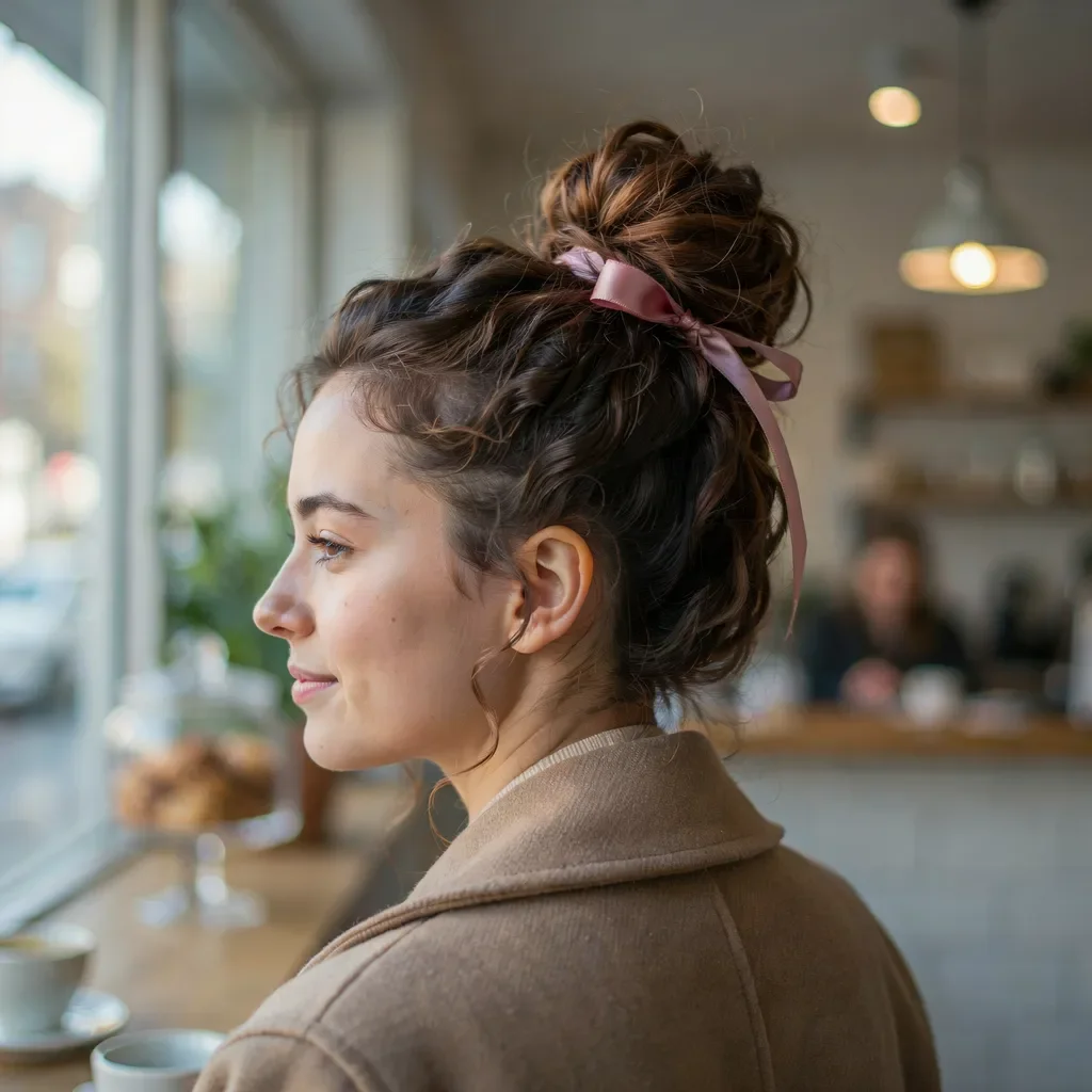 Pineapple updo with satin ribbon curly hairstyle