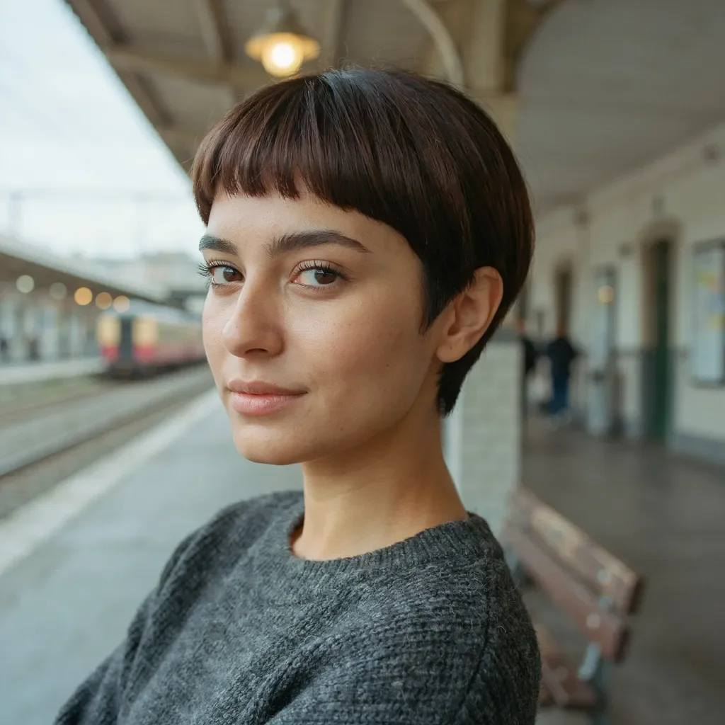 Pixie cut with baby bangs and tapered nape hairstyle
