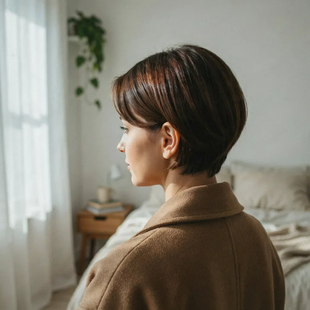 Pixie cut with deep side part and sleek finish hairstyle