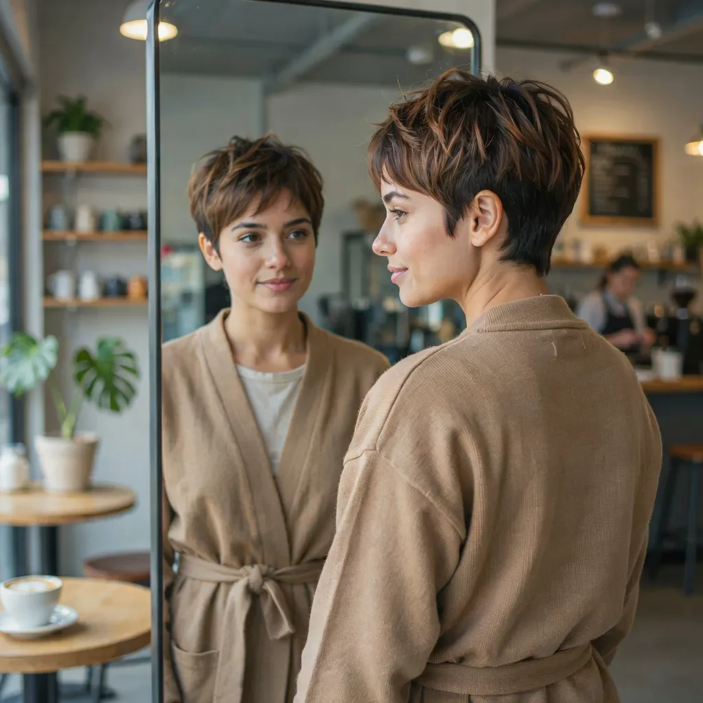 Rooted light brown pixie haircut