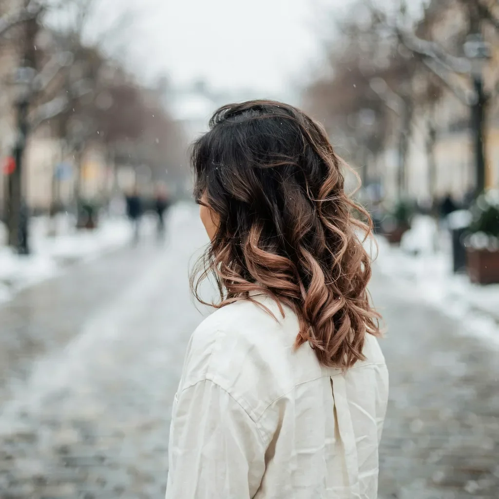 Rose gold balayage on dark hair hairstyle