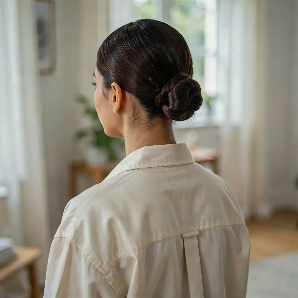 Sleek low bun with a deep side part for medium length hair