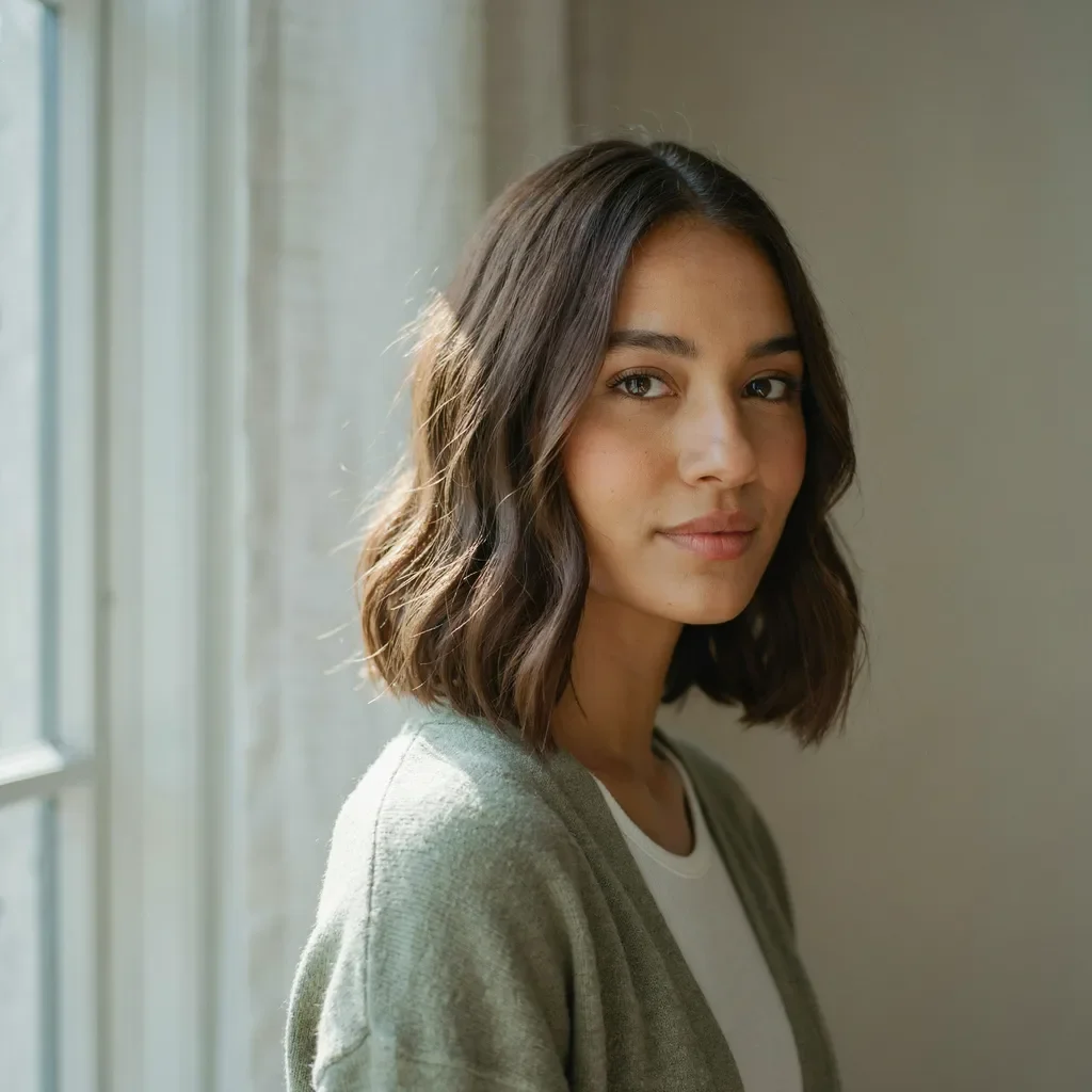 Sleek one length shoulder cut hairstyle
