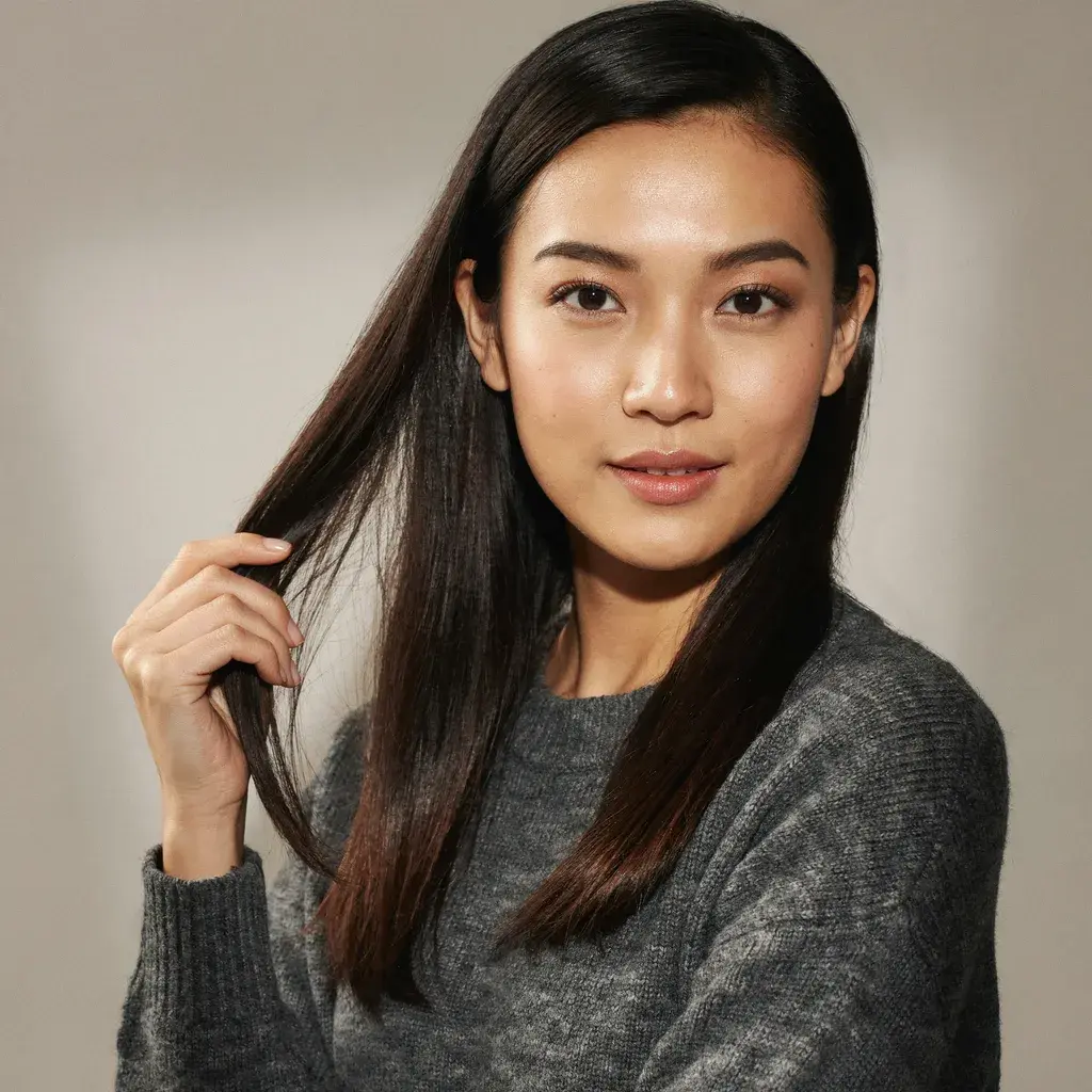 Sleek straight hair with a deep side part hairstyle