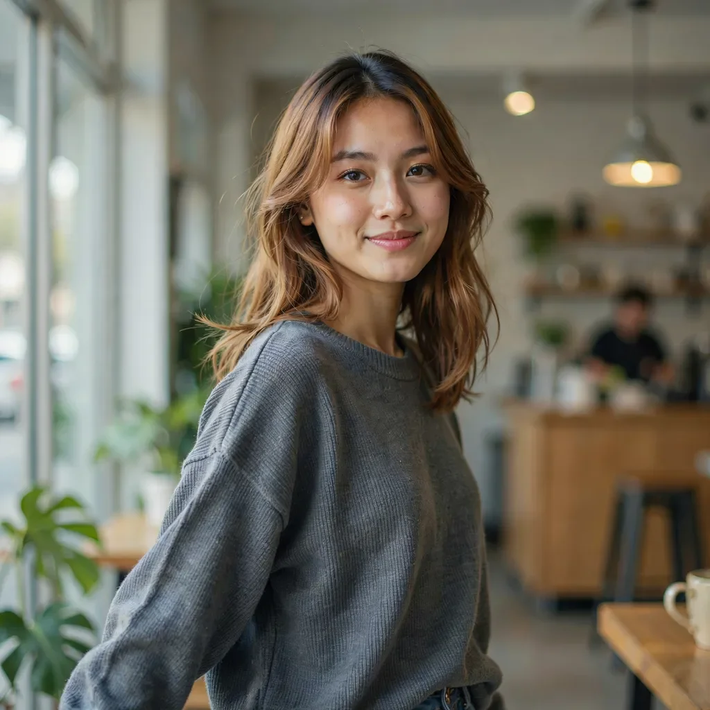Soft layered waves with curtain bangs for medium length hair