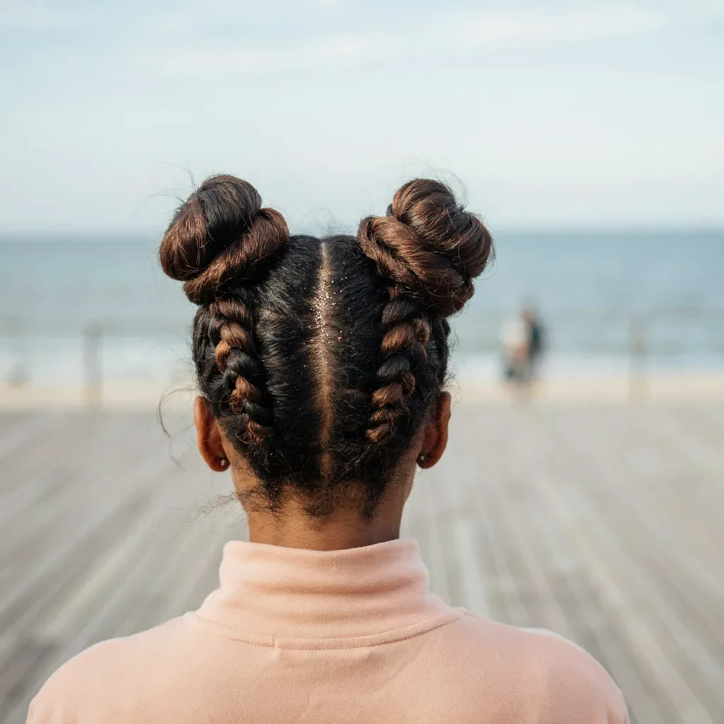 Spiral rope braid space buns with glitter detail