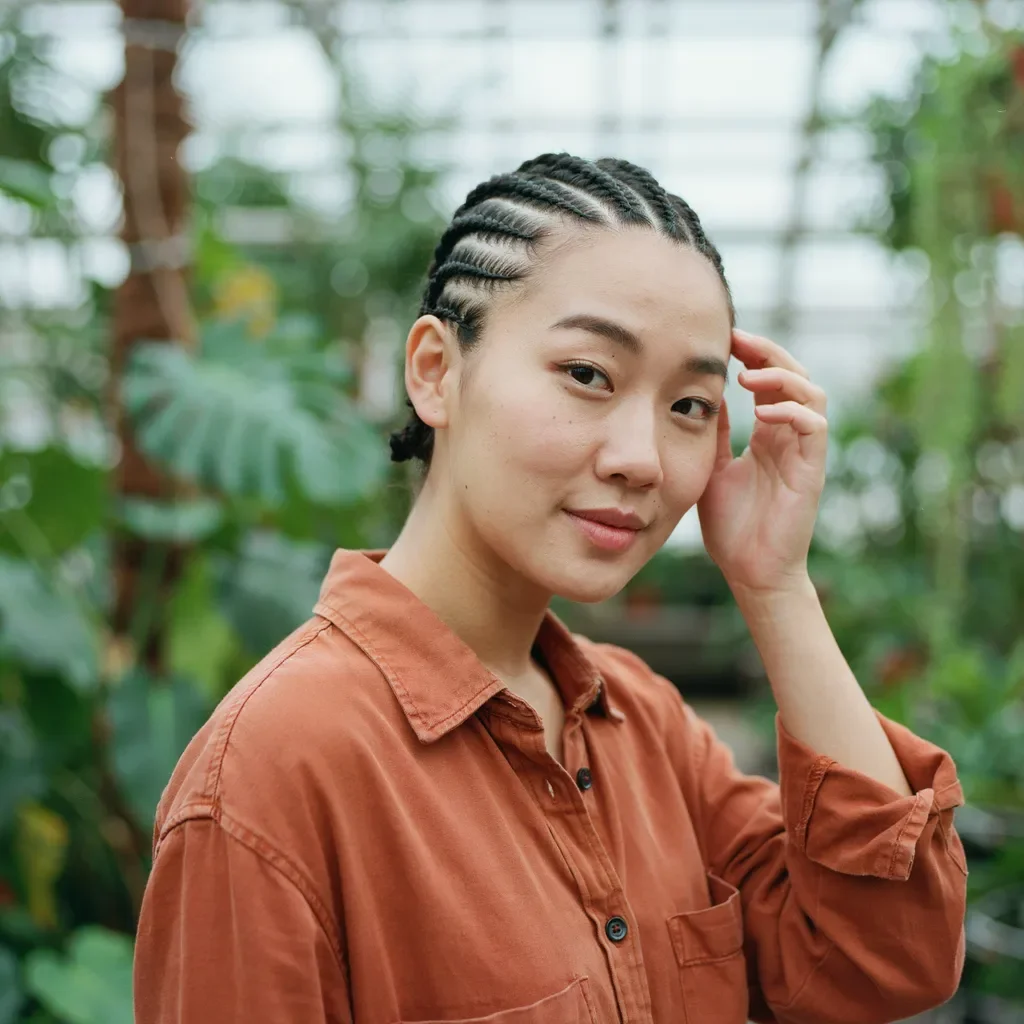 Thin cornrows in a spiral pattern hairstyle