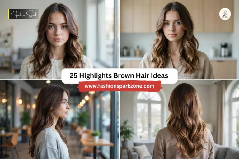 Collection of brown hair highlights ideas showing caramel, ash, honey, and copper tones.