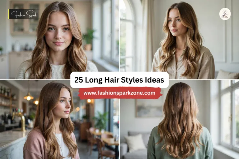 A woman with long layered hair styled in soft waves and a middle part
