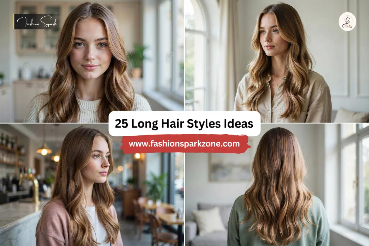A woman with long layered hair styled in soft waves and a middle part