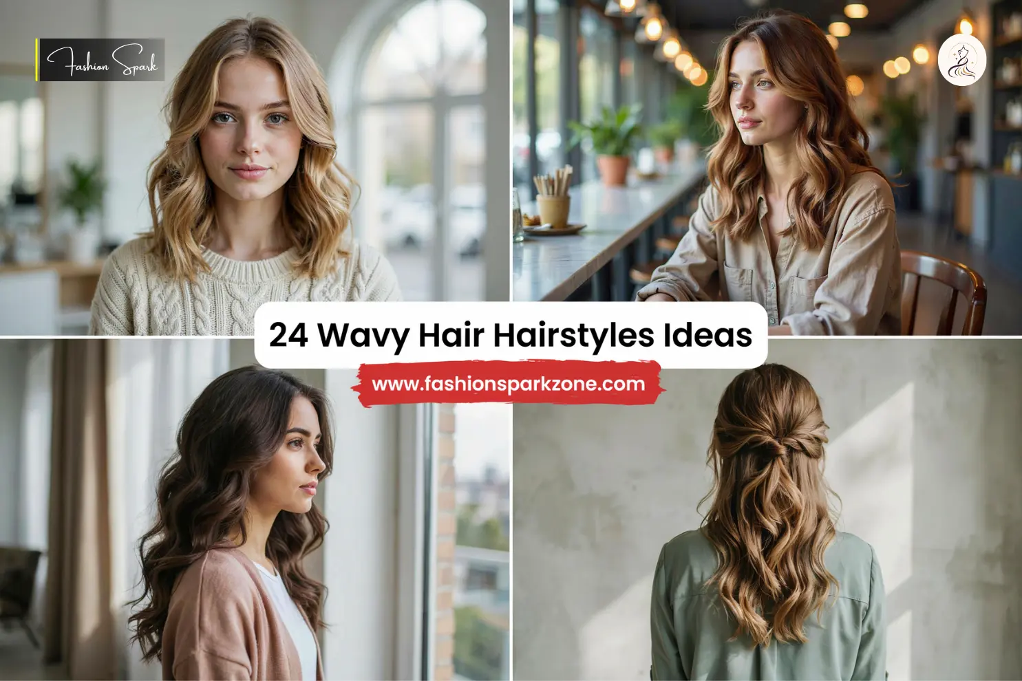 A collection of twenty four modern wavy hair hairstyles shown against a clean neutral background with soft natural daylight.