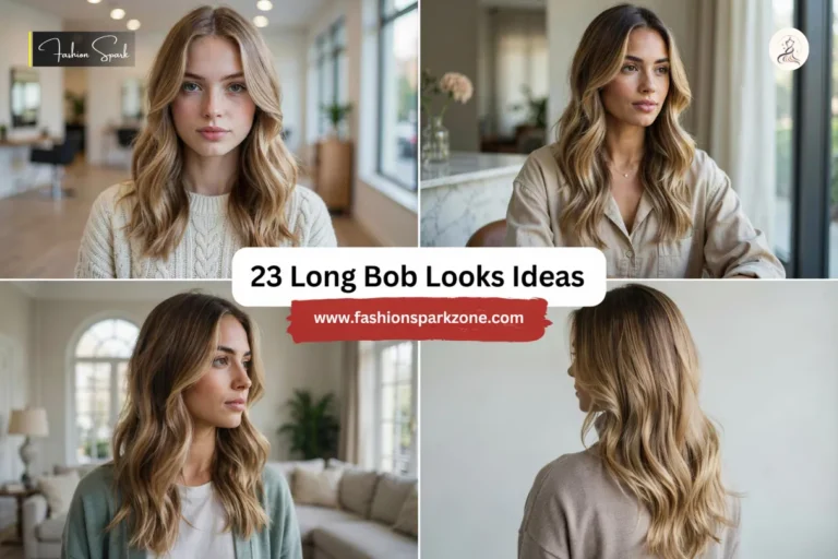 A collarbone length long bob with soft waves and warm honey blonde balayage highlights.