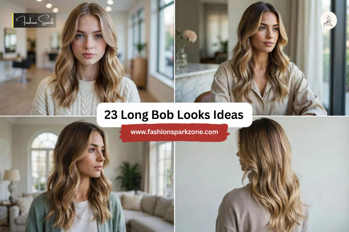 A collarbone length long bob with soft waves and warm honey blonde balayage highlights.