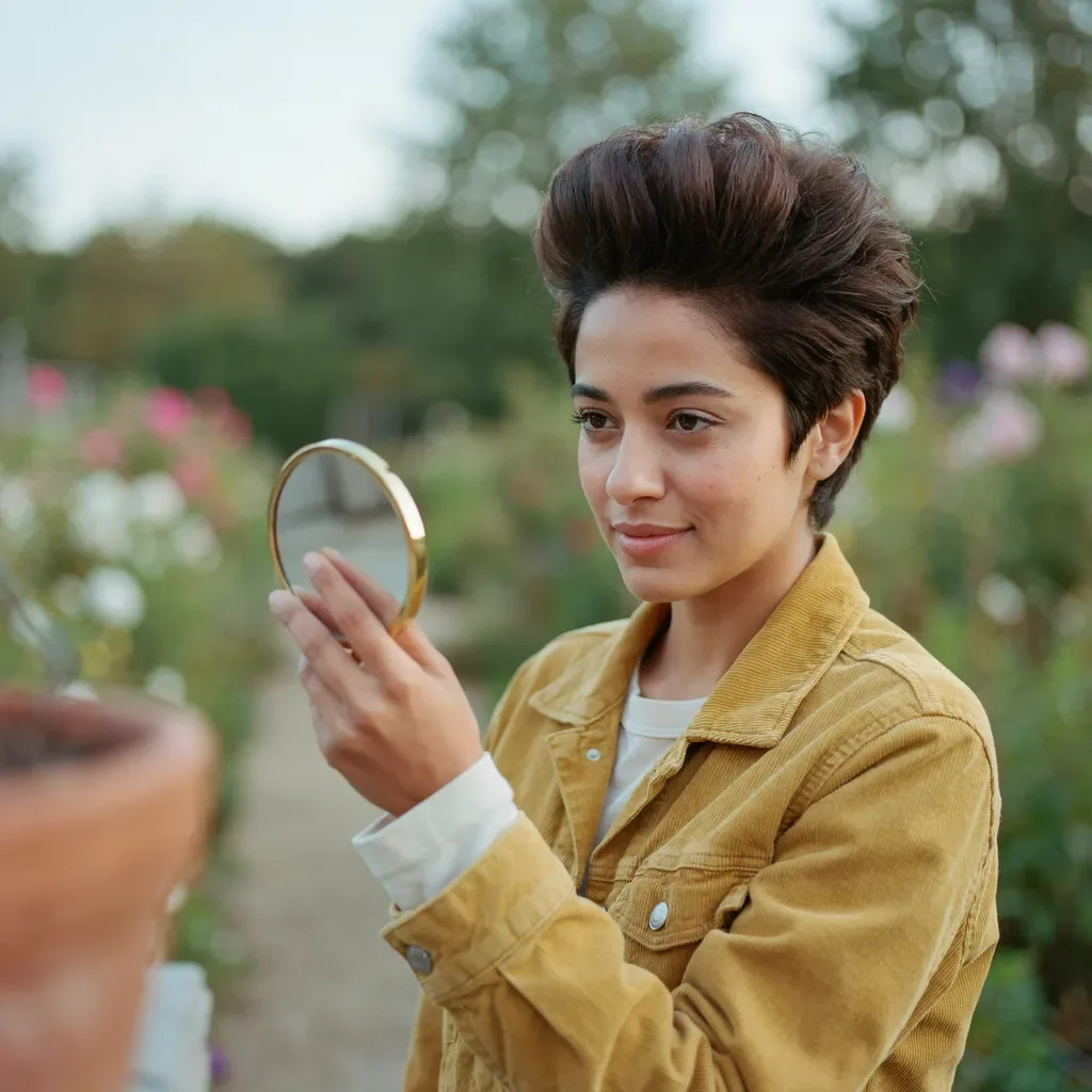 Voluminous pixie cut with backcombed crown hairstyle