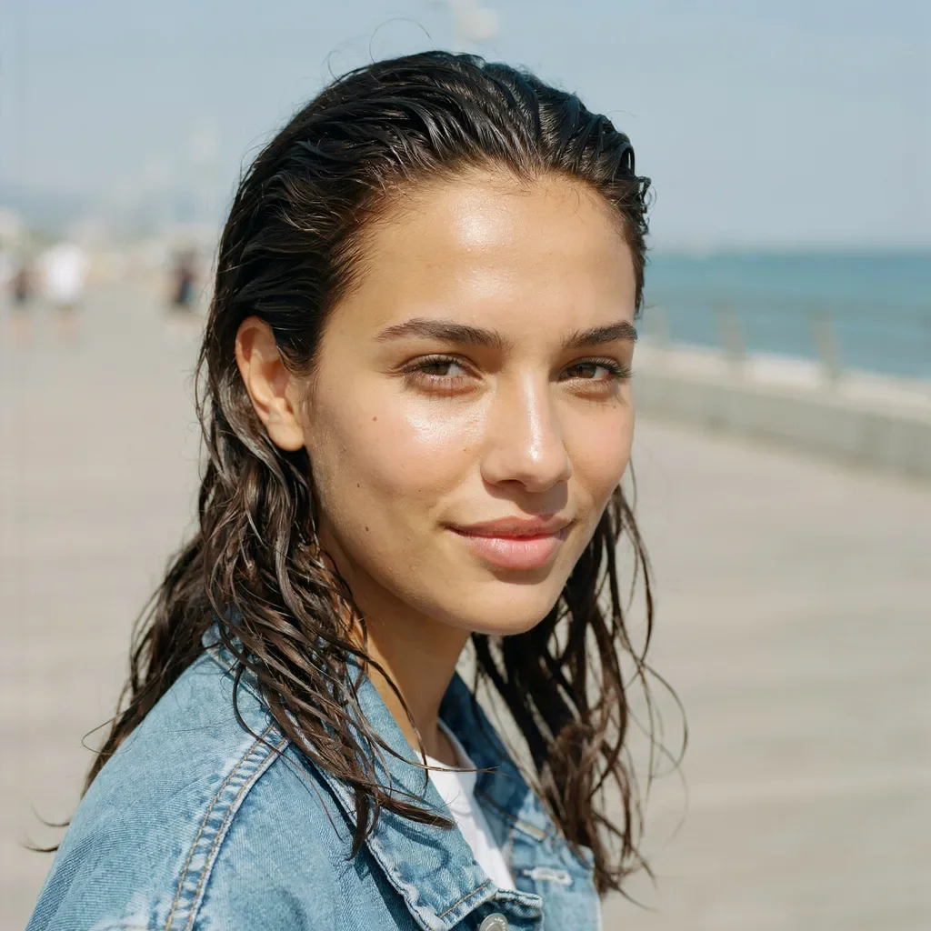 Wet look pulled-back curls hairstyle