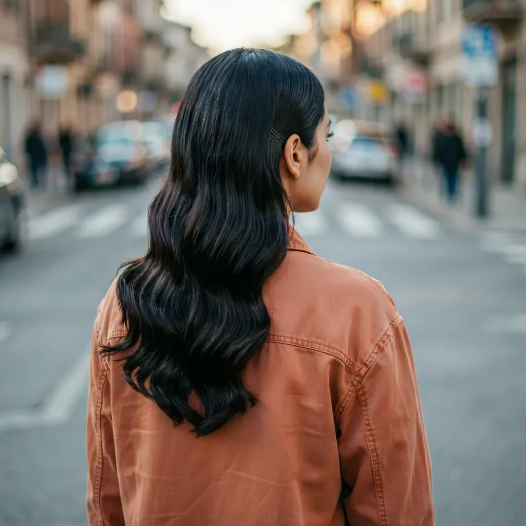 Wet look pulled-back style for medium length hair