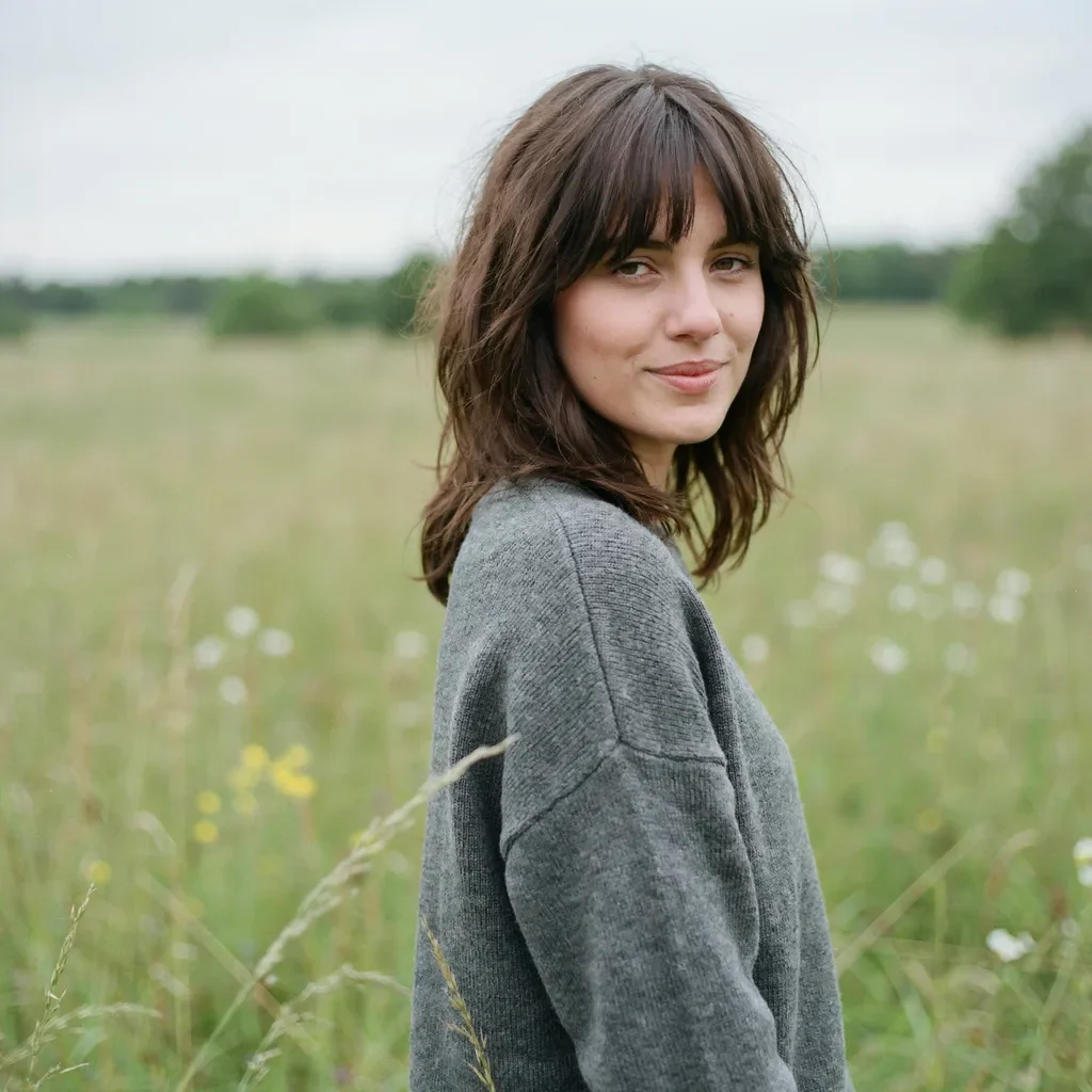 Wispy bangs with dark brown shag cut hairstyle