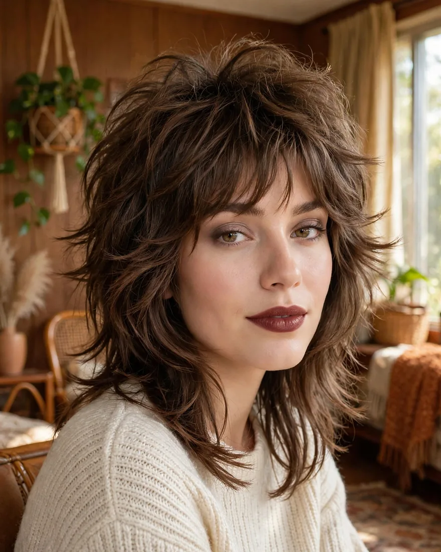 70s-inspired layered shaggy wolf cut with feathered bangs