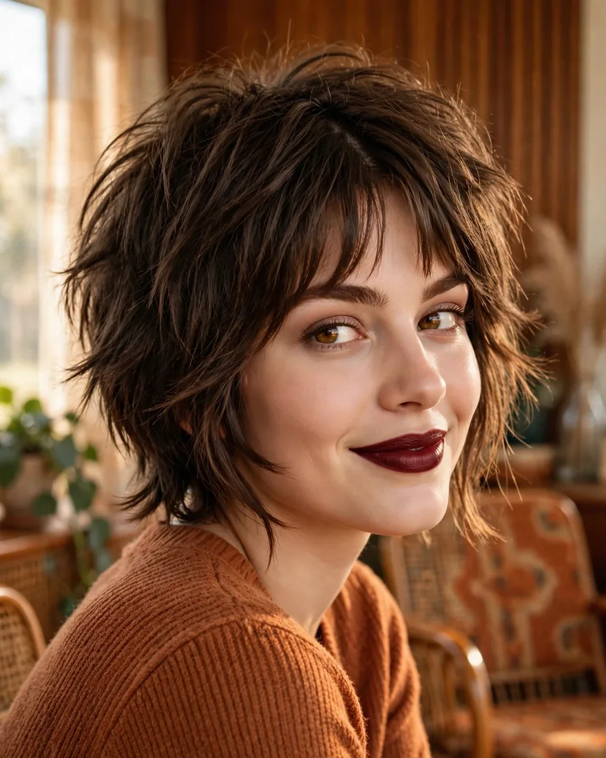 70s shag short wolf cut with curtain bangs