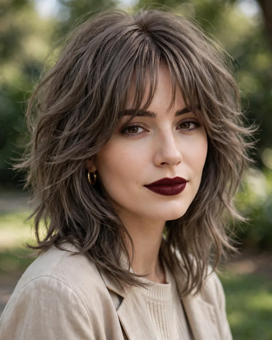 Ash Brown Shag With Full Curtain Bangs