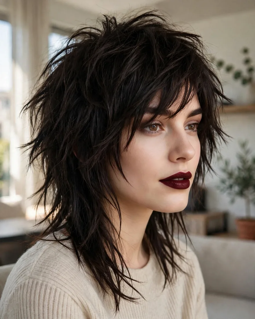 Asymmetrical shaggy wolf cut with side-swept bangs