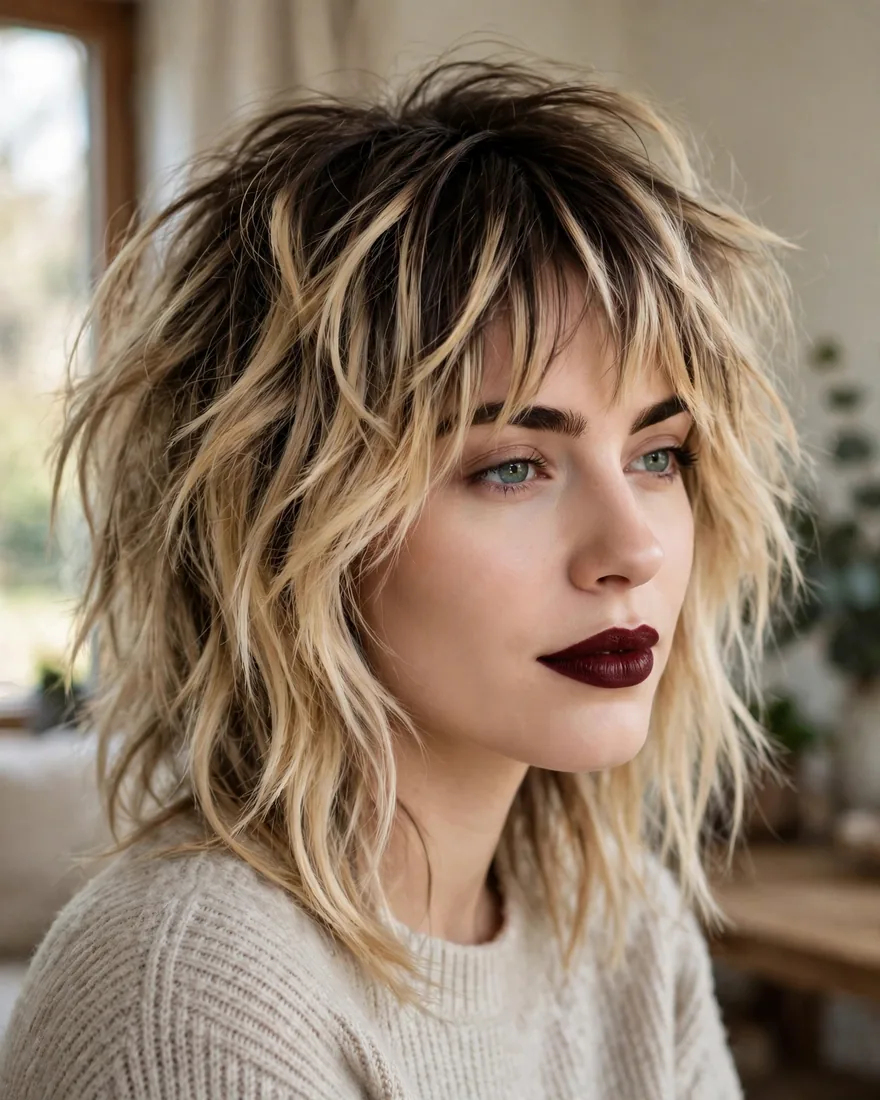 Balayage tousled blonde wolf cut, low maintenance