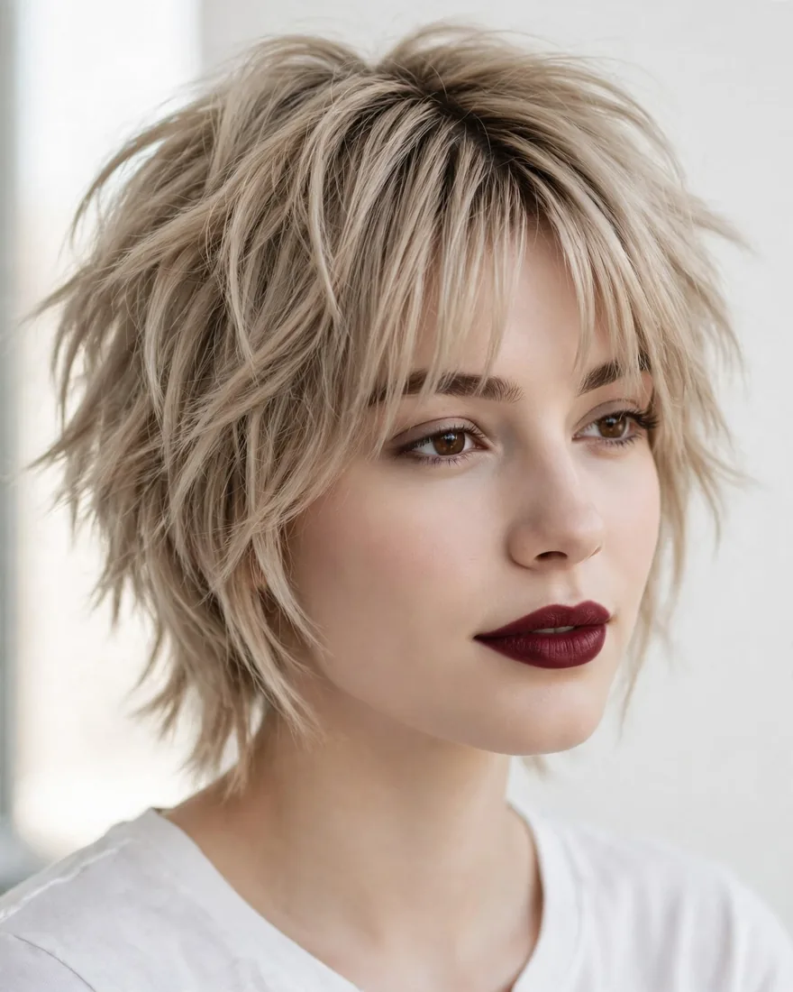 Beige blonde middle-part wolf cut with bangs