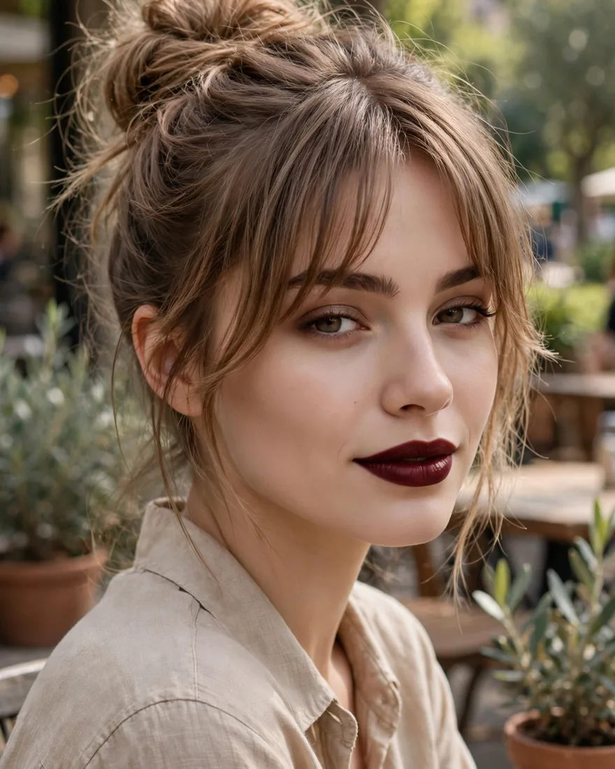 11. Messy Bun With Curtain Bangs