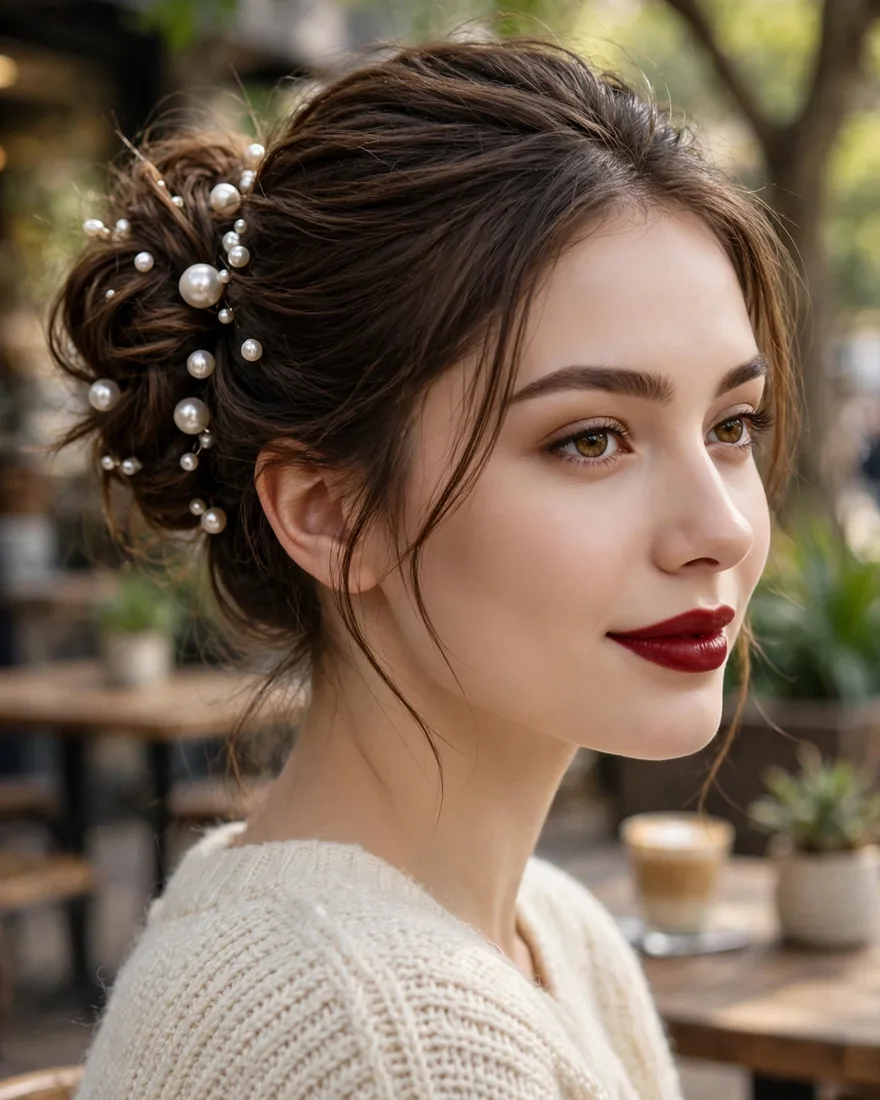 2. Textured Low Bun With Pearl Accents