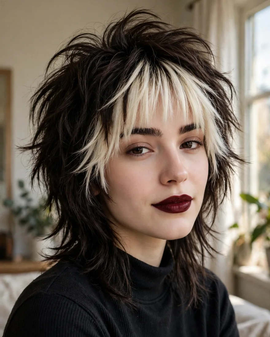 Bleached blonde contrast bangs on a dark brown wolf cut
