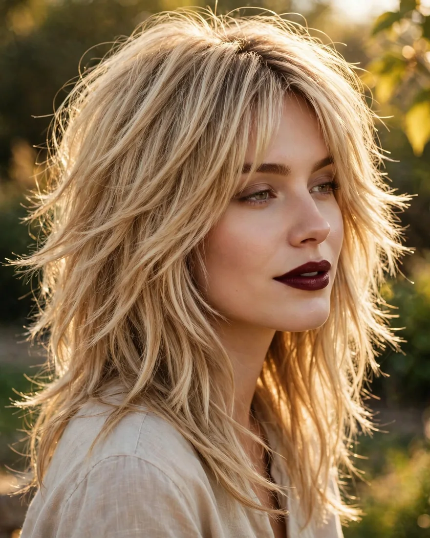 Blonde sun-kissed long wolf cut with curtain bangs