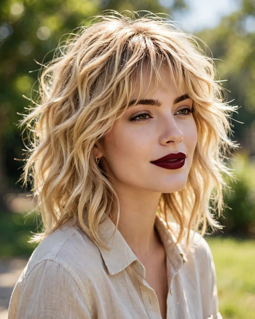 Sun-kissed blonde wavy wolf cut with bangs