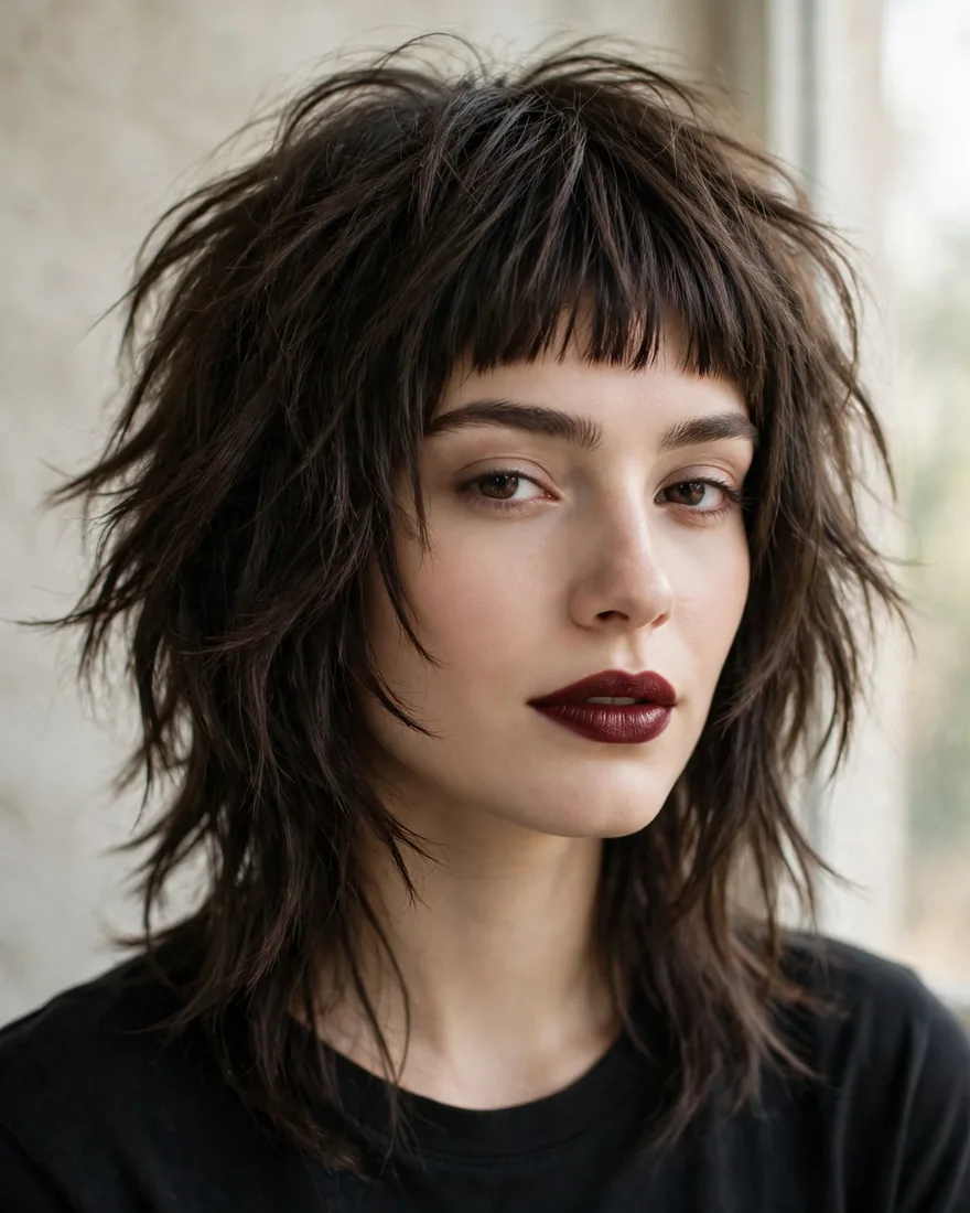 Shaggy wolf cut with blunt straight-across bangs