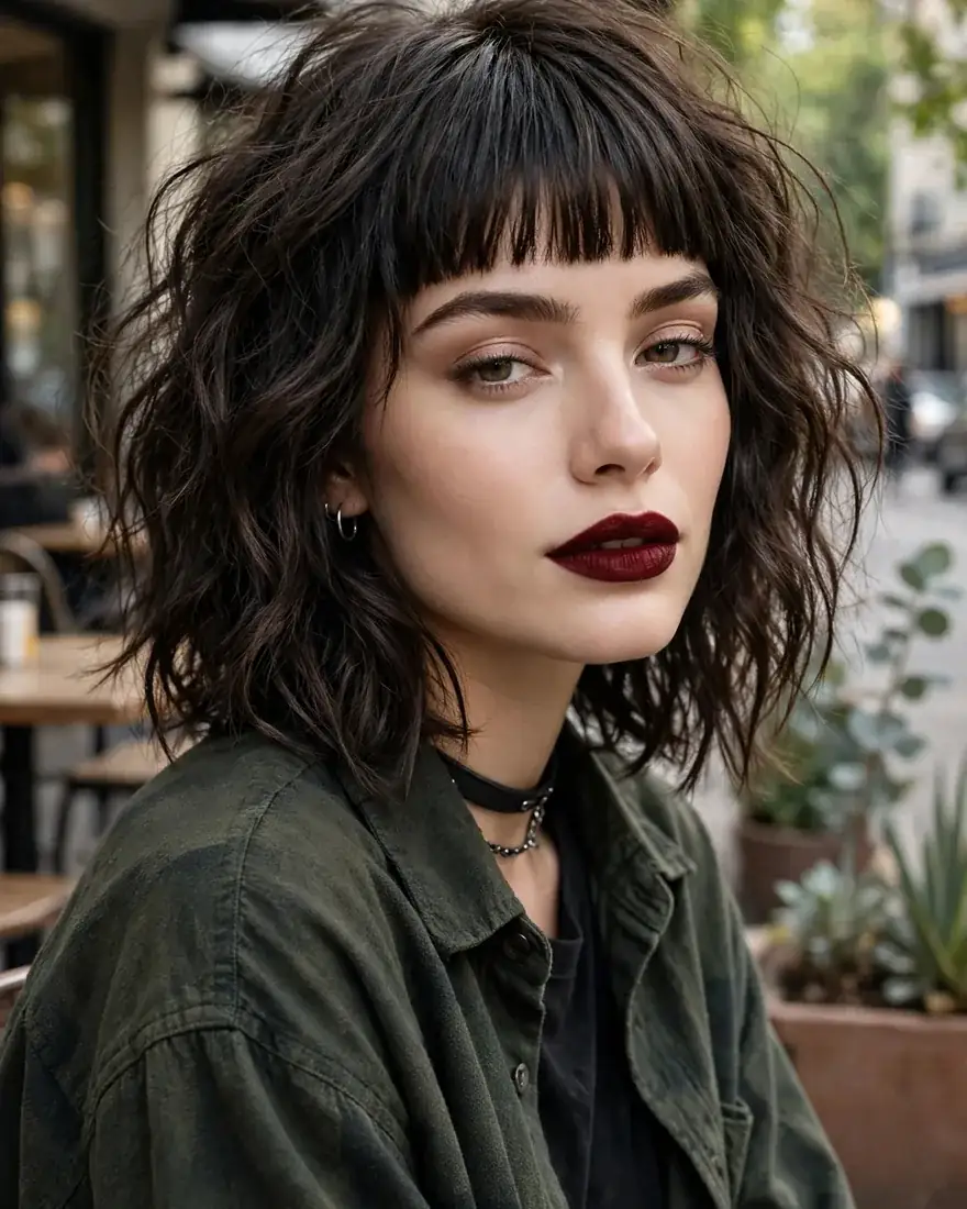 3. Blunt Bangs with Textured Waves