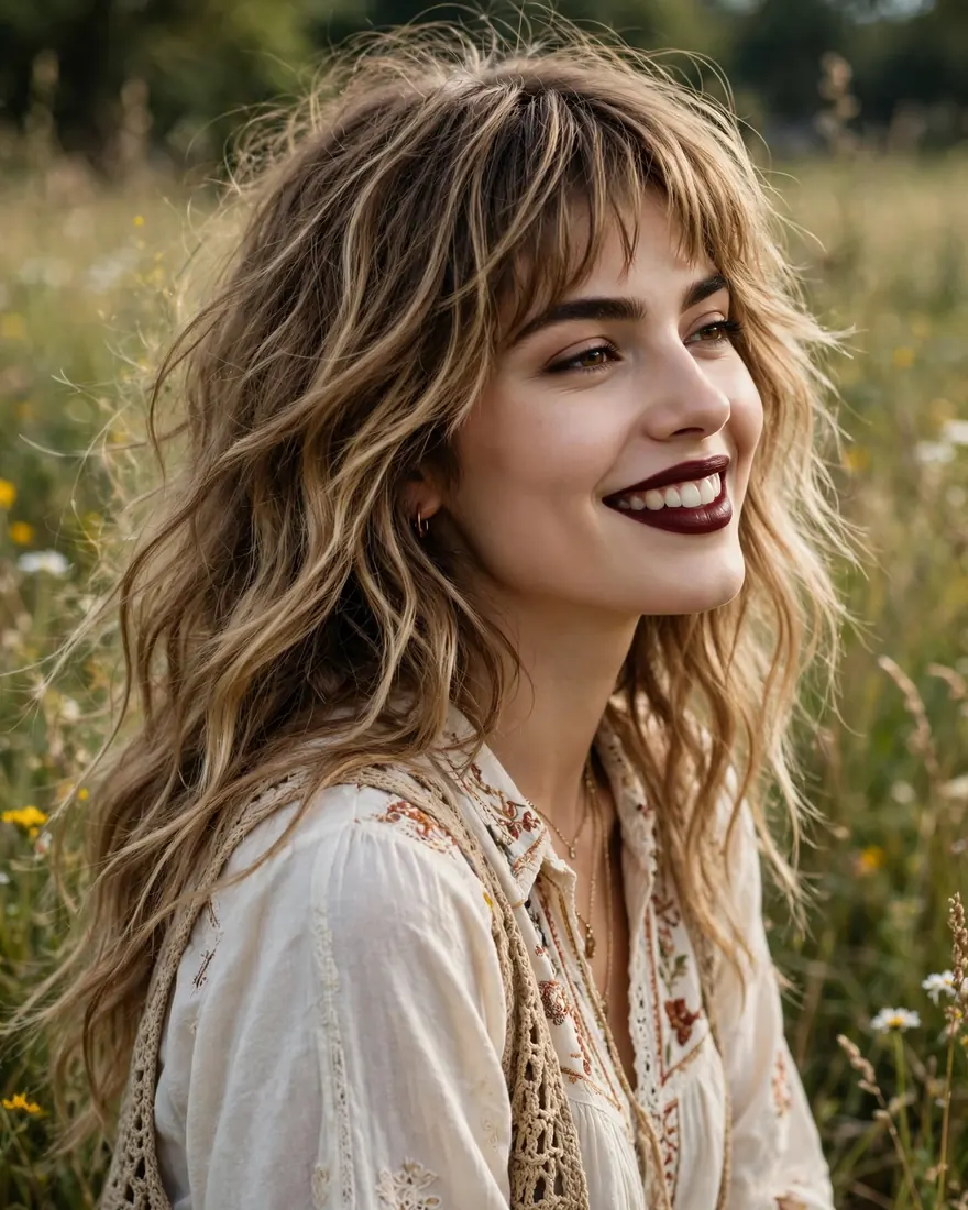 Bohemian wavy wolf cut with bangs