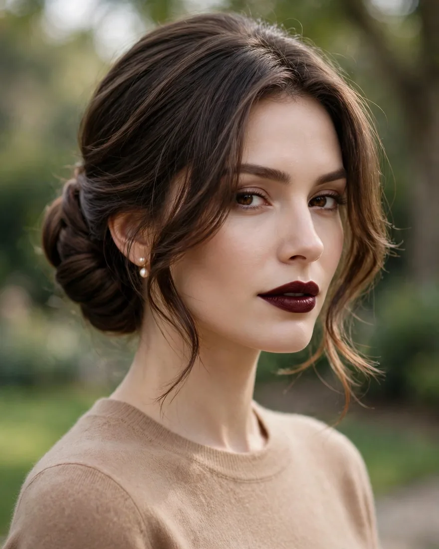 Brunette Chignon With Face-Framing Layers