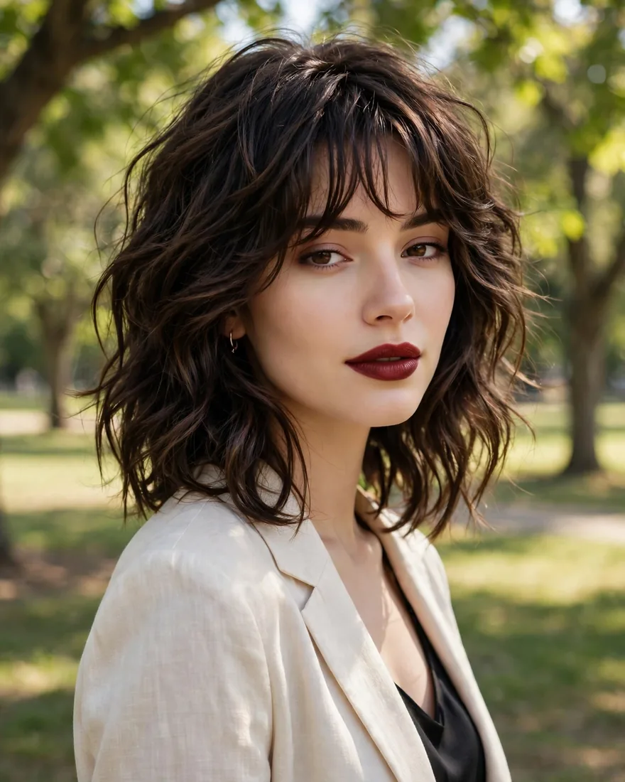 Rich brunette wavy wolf cut with bangs