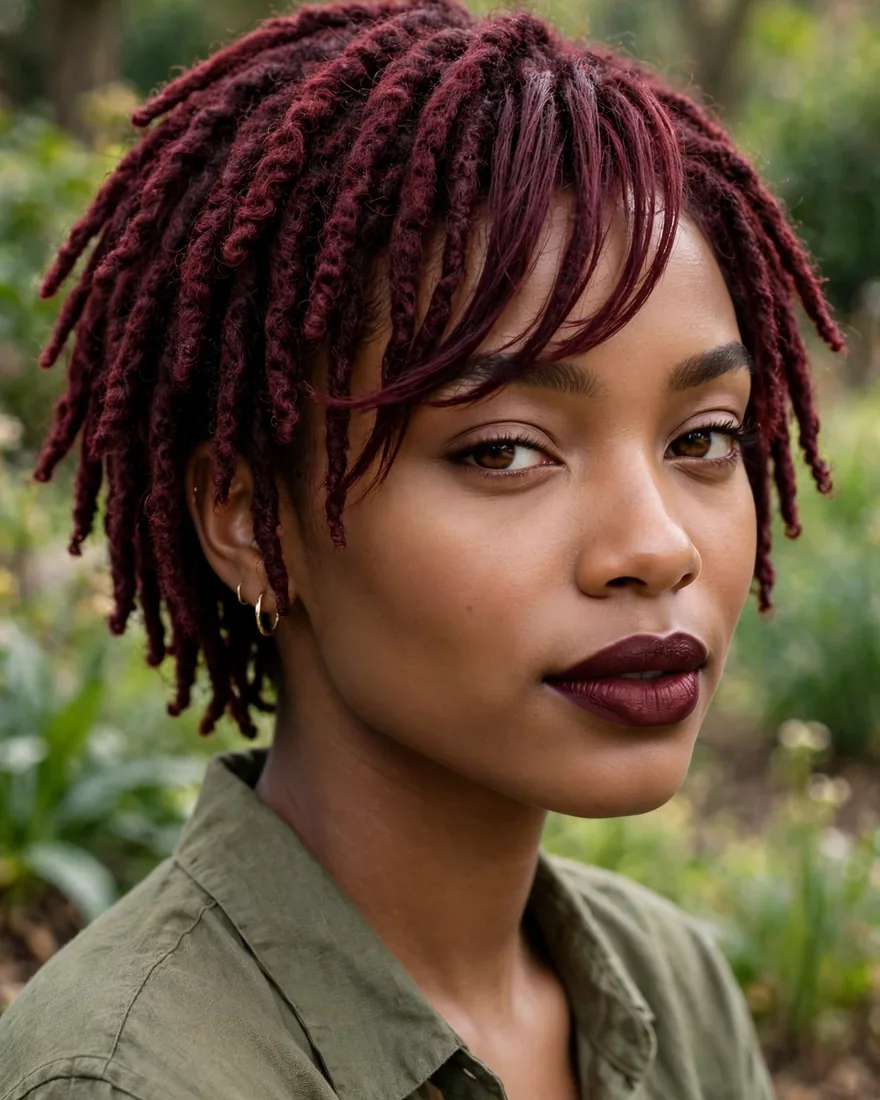 Burgundy Locs With Side Bangs
